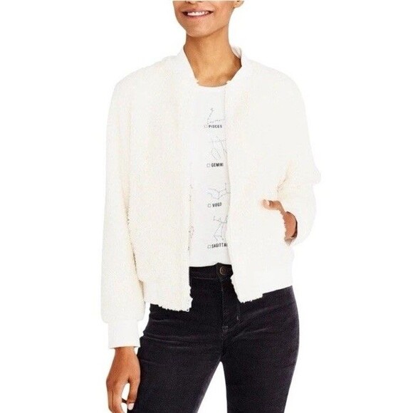 J.Crew Mercantile Fuzzy Sherpa Bomber Jacket Ivory Size Large - Picture 1 of 9